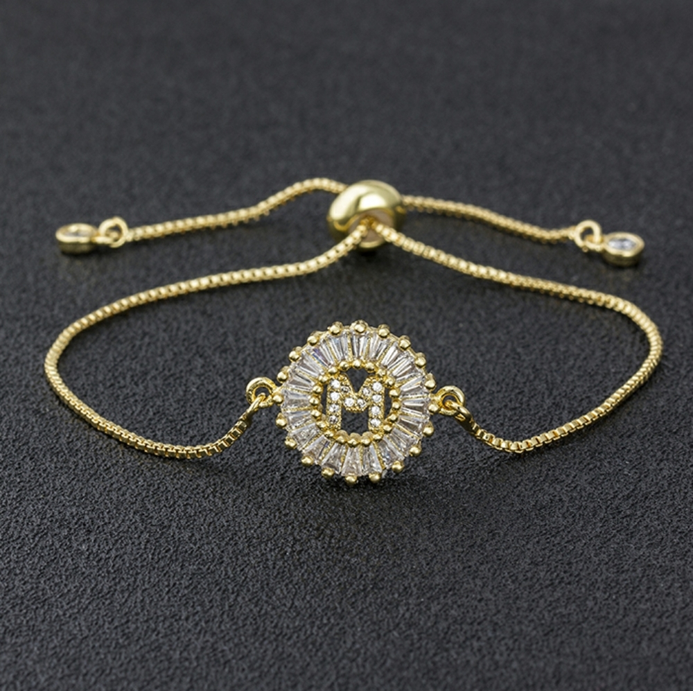 Initial M micro pave cubic zircon 18k gold plated letter charm bracelet